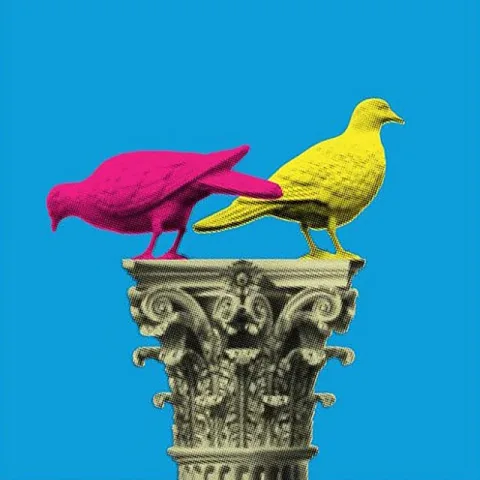 Cover artwork for In a Million by cheapcuts and Pigeon John, two coloured pigeons on a stone column